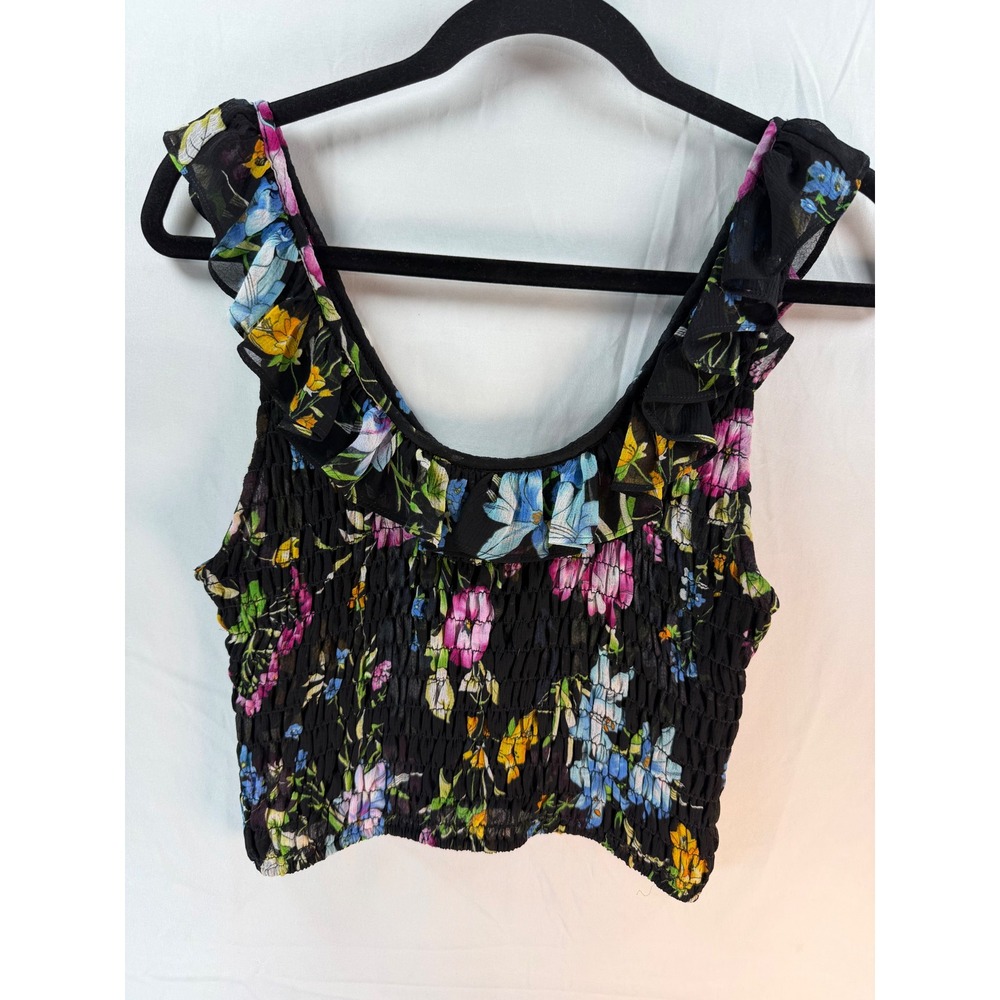 MISA Los Angeles Floral Smocked Ruffle Crop Top Black Multi Size M